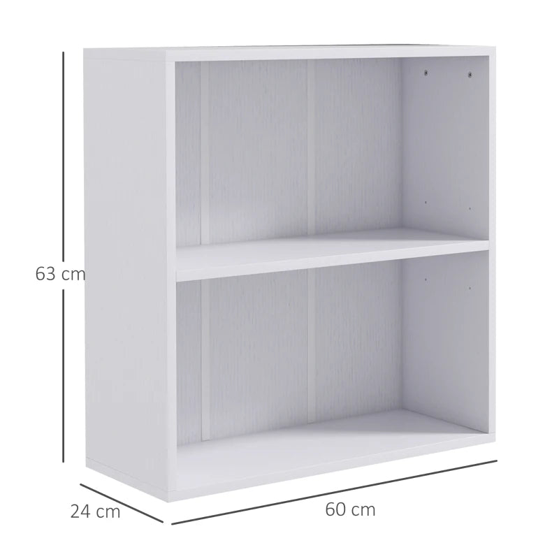 2 Tier Low Bookcase – White Adjustable Shelf & Compartments for Storage