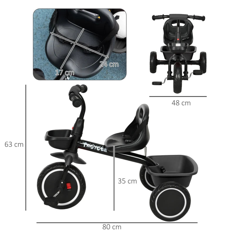 Adjustable Seat Kids Trike with Pedals & Basket for 2-5 Year Olds – Black Finish