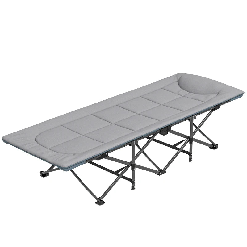 Grey Folding Camping Bed – Heavy Duty with Headrest & Non-Slip Pads