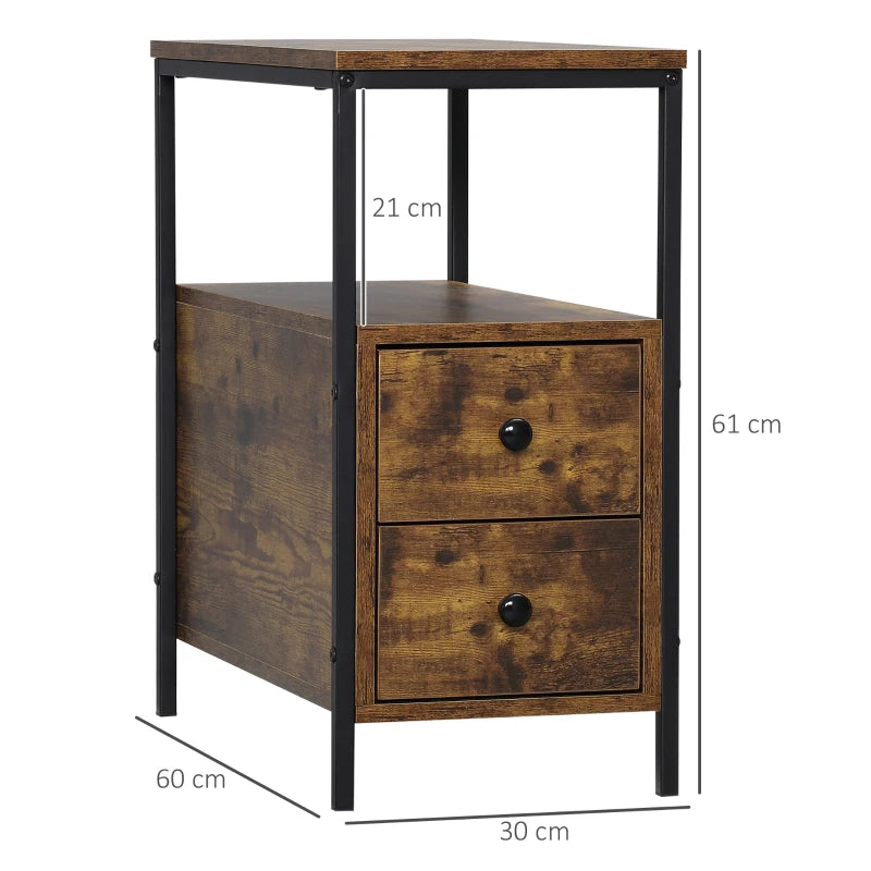 Small Space Side Table, 2 Drawers & Shelf, Industrial Rustic Brown