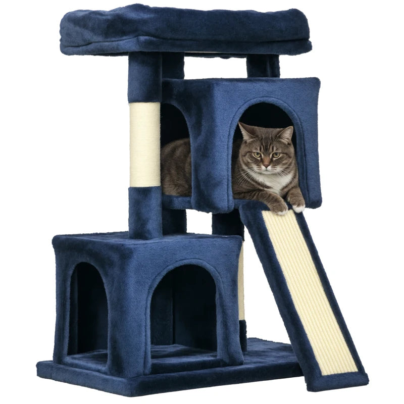 Cat Play Tree with Sisal & 2 Houses – Navy Blue