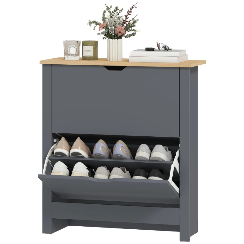 Charcoal Grey Slim Shoe Cabinet – Holds 12 Pairs, 2 Flip Drawers