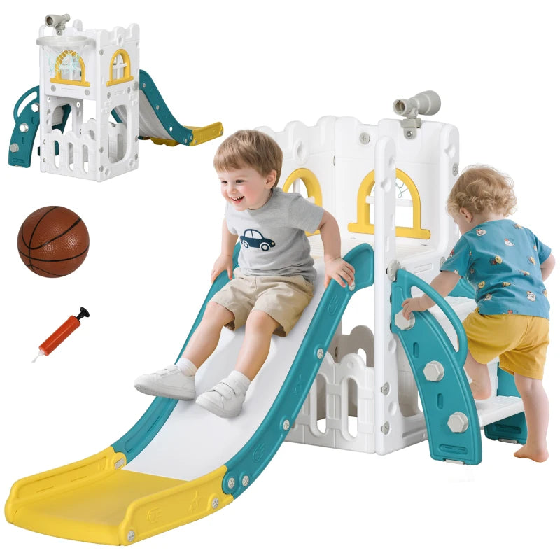 5-in-1 Toddler Slide with Basketball Hoop, Climber, Telescope & Storage – Yellow