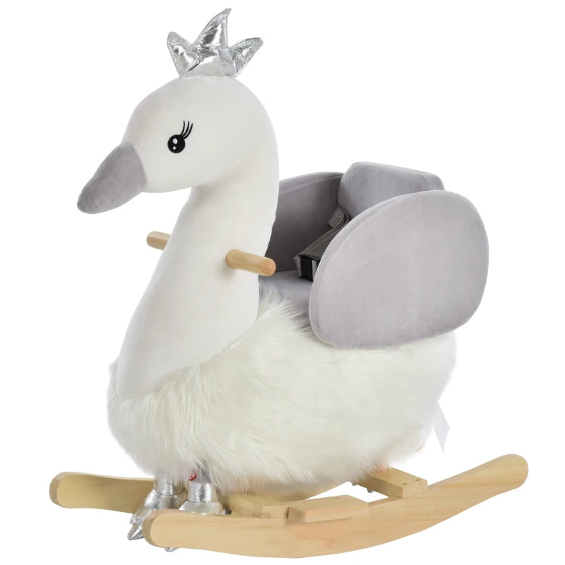 Plush Swan Rocker with Sound, Wooden Base & Safety Belt – Toddler Ride-On Toy