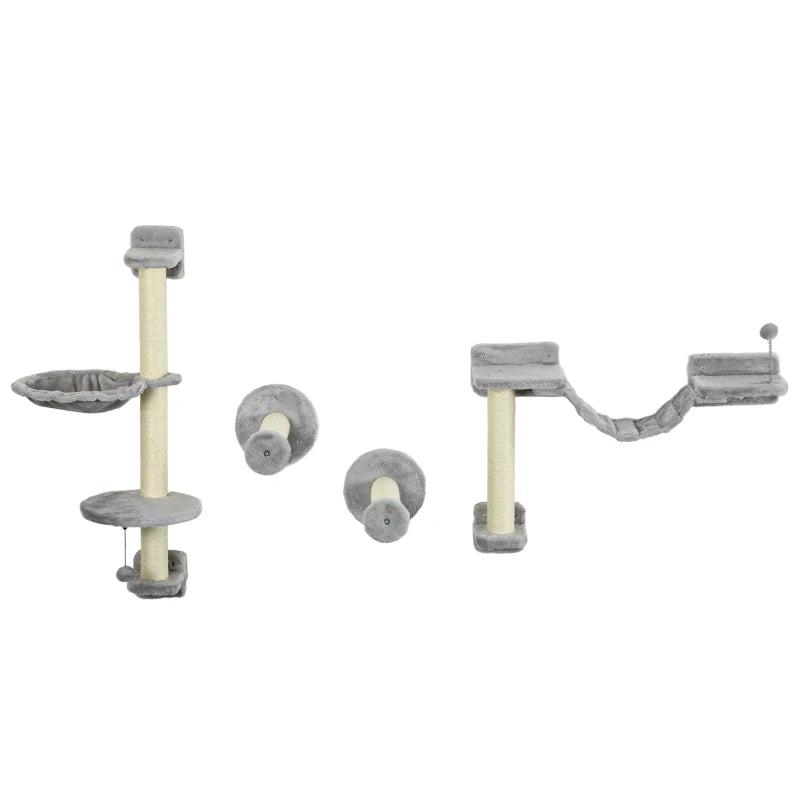 4-Piece Cat Wall Furniture with Hammock & Ladder – Grey