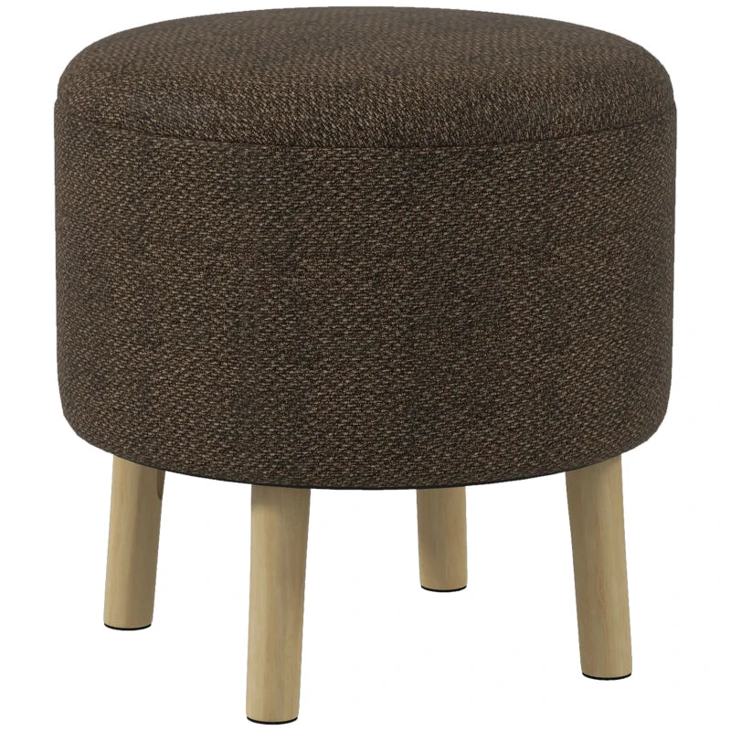 Linen Fabric Ottoman Stool, Round with Storage & Wooden Legs