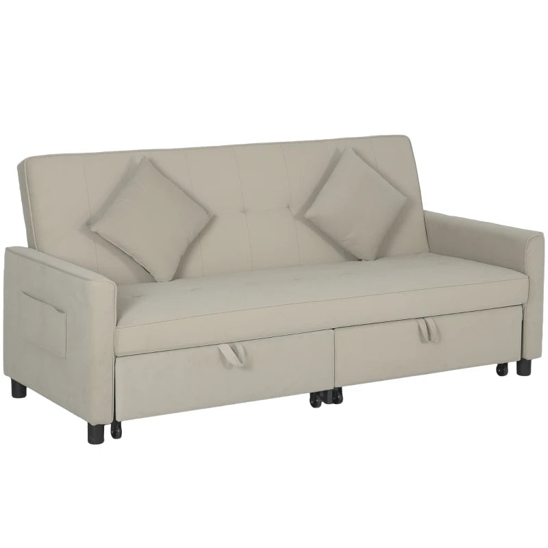 Beige Velvet Sofa Bed for Three, Space-Saving & Comfortable