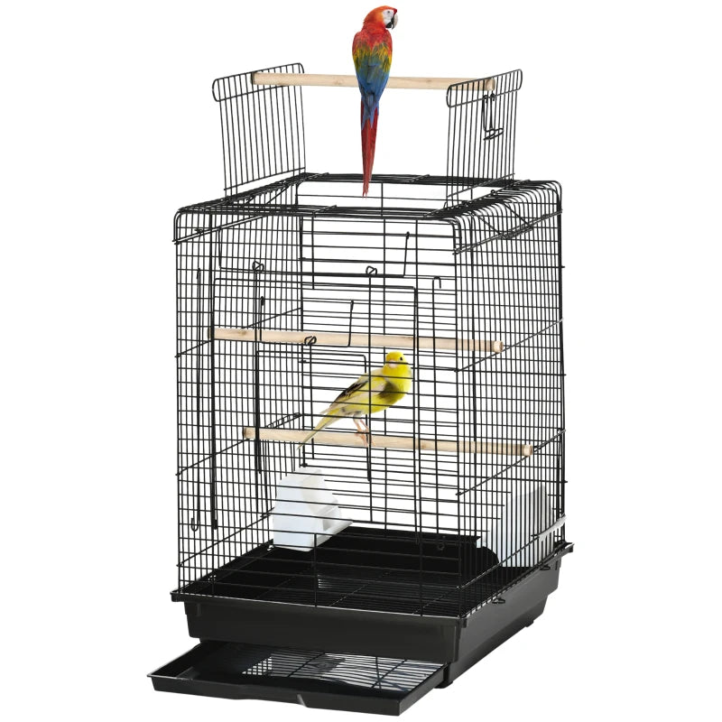 Steel Bird Cage with Stand, Tray, Handles & Bowls – Black