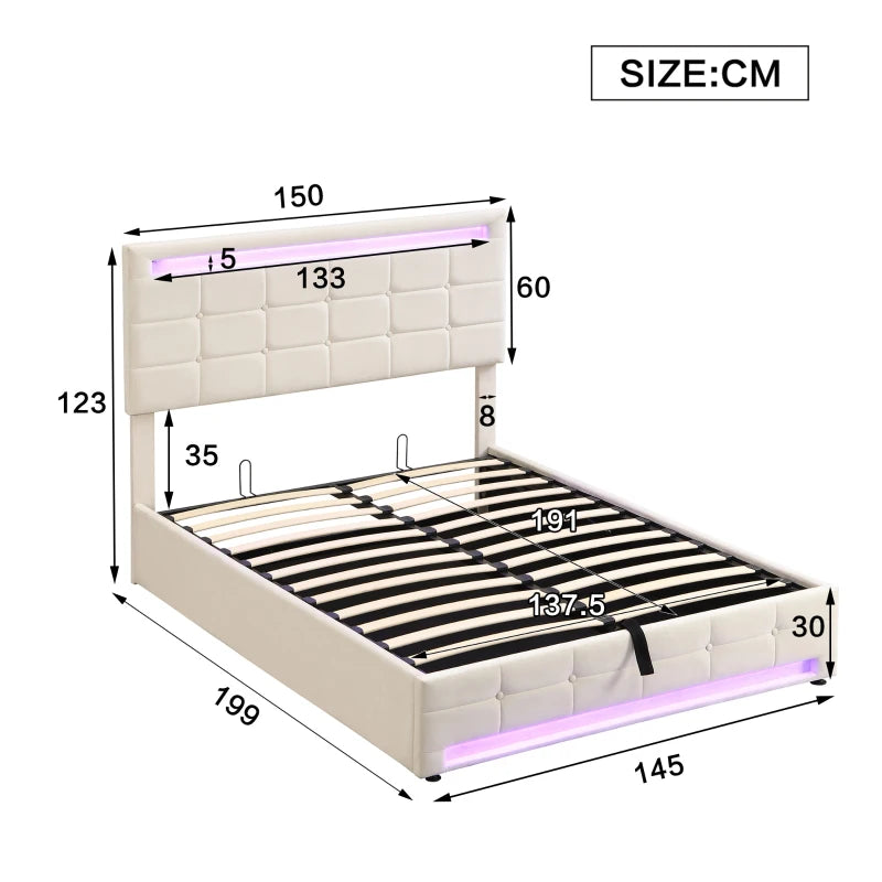 Double Bed with Velvet Upholstery, Storage & LED Remote Light – Beige