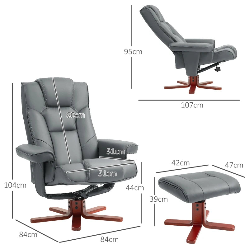 Home Lounge Manual Recliner Chair and Footstool – Grey Faux Leather