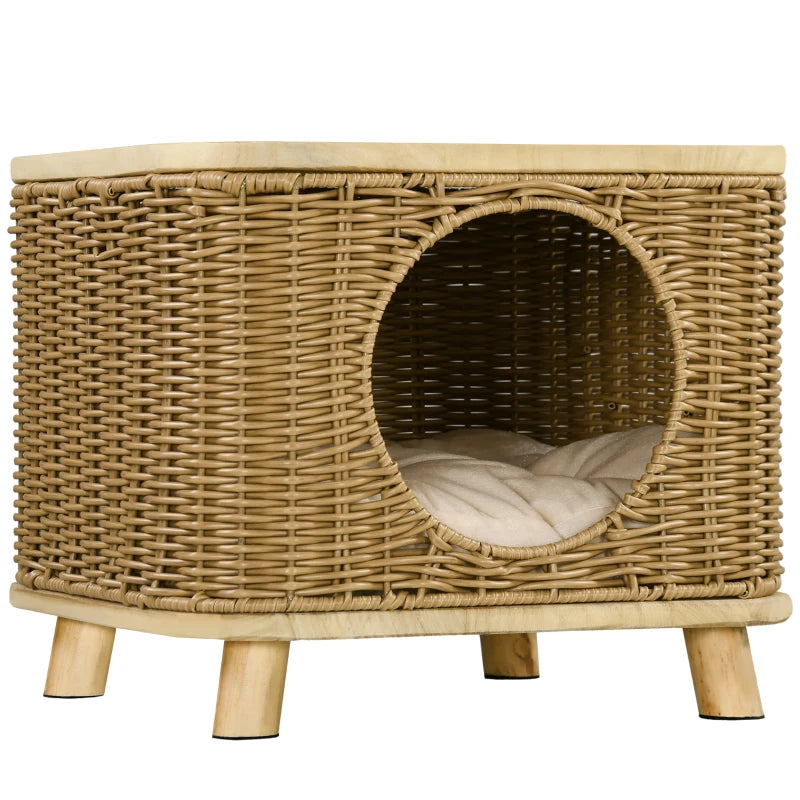 Elevated Wicker Cat House with Washable Cushion