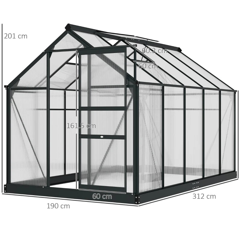 Walk-In Polycarbonate Greenhouse with Aluminium Frame, Door, Window & Base, Grey, 6x10ft