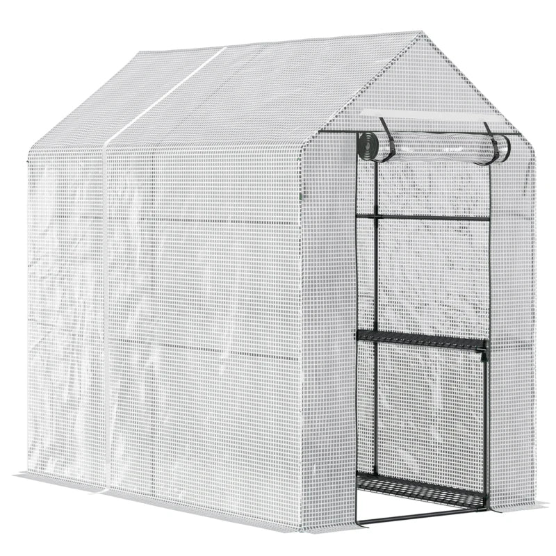Walk-In Garden Polytunnel 6x4x6ft with Roll-Up Door and Double Shelves, White Frame