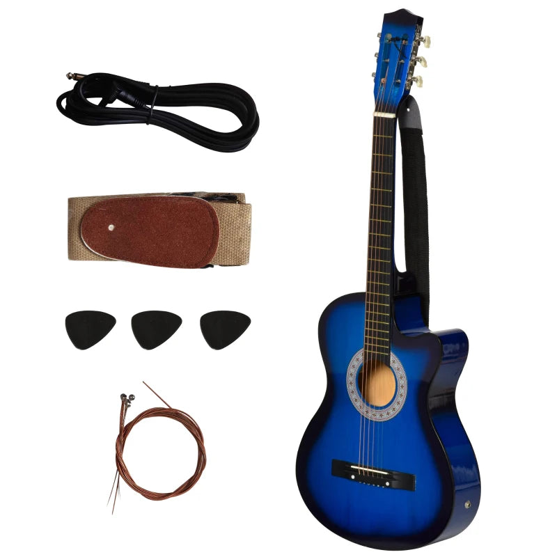 Junior Blue Acoustic Electric Guitar with Gloss Finish and Carrying Case – 38" Full-Size