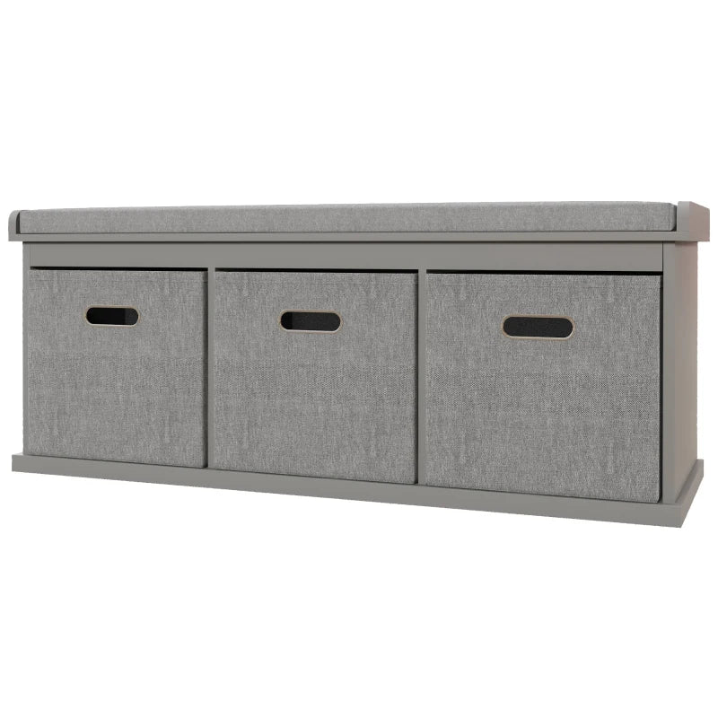 Grey Shoe Storage Bench with Cushioned Seat & 3 Pull-Out Drawers