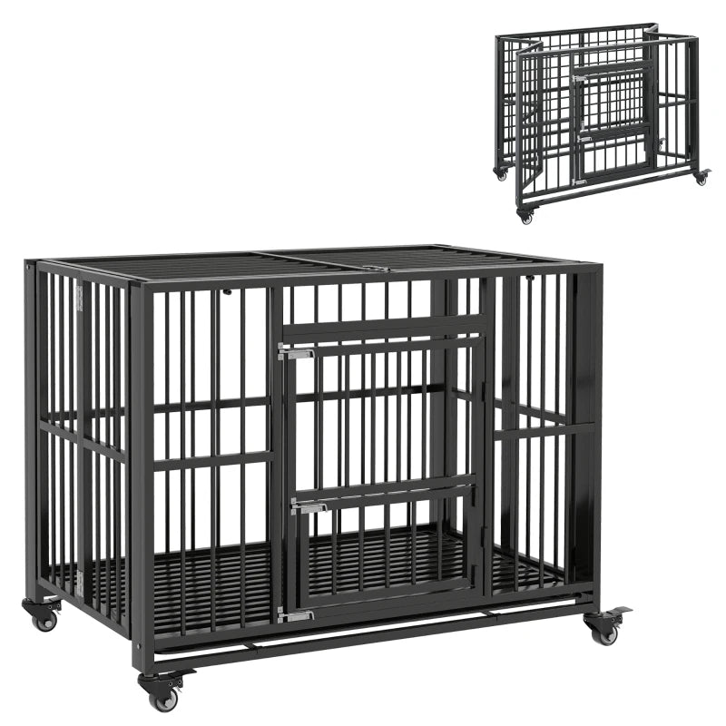 Foldable Black Dog Crate 43" with Wheels & Tray