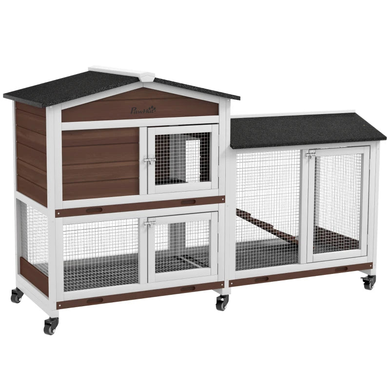 Wooden Two-Tier Pet Hutch with Wheels & Run – Brown