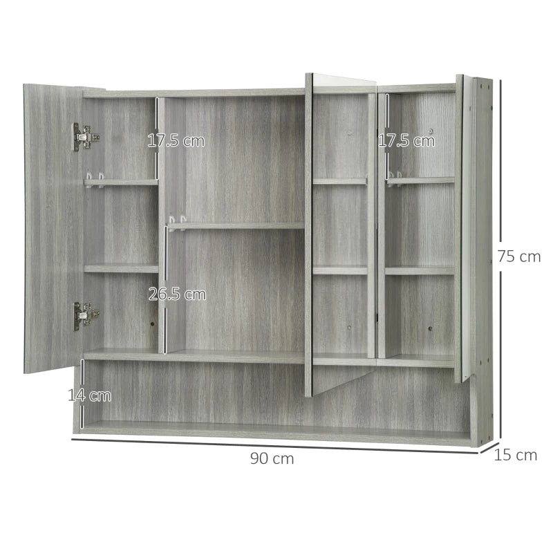 Wall Cabinet with Mirror, 3 Doors & Adjustable Shelves in Grey