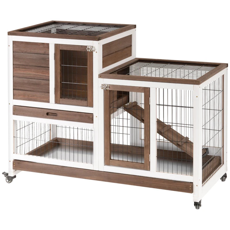 Two-Tier Rabbit Hutch with Wheels - Brown