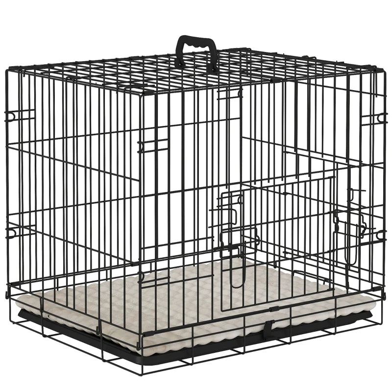 Foldable Dog Crate with Tray & Cushion – Two Doors, Black