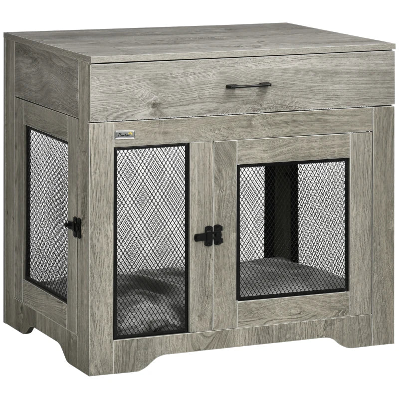 Grey Dog Cage Side Table with Drawer for Medium Dogs