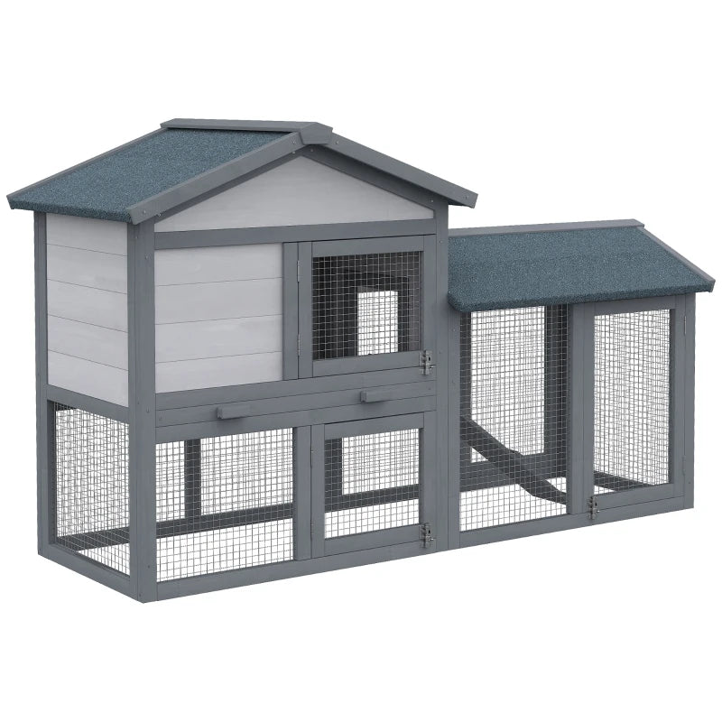 Grey Double-Tier Wooden Rabbit Hutch with Ramp & Waterproof Roof