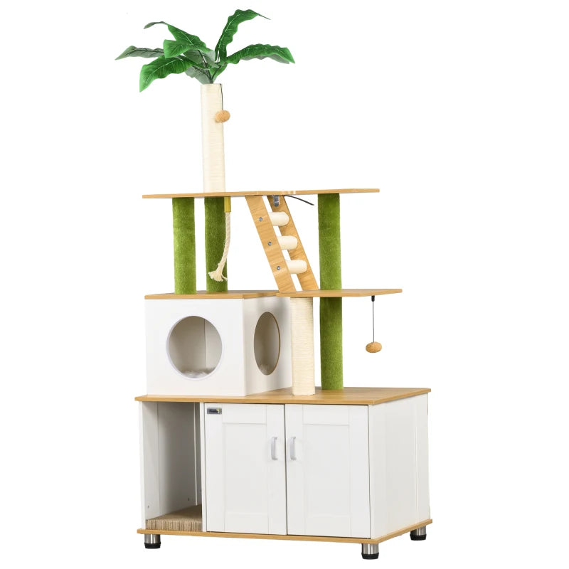 Green Leaf Cat Tree with Ladder, House & Hidden Litter Box – Oak