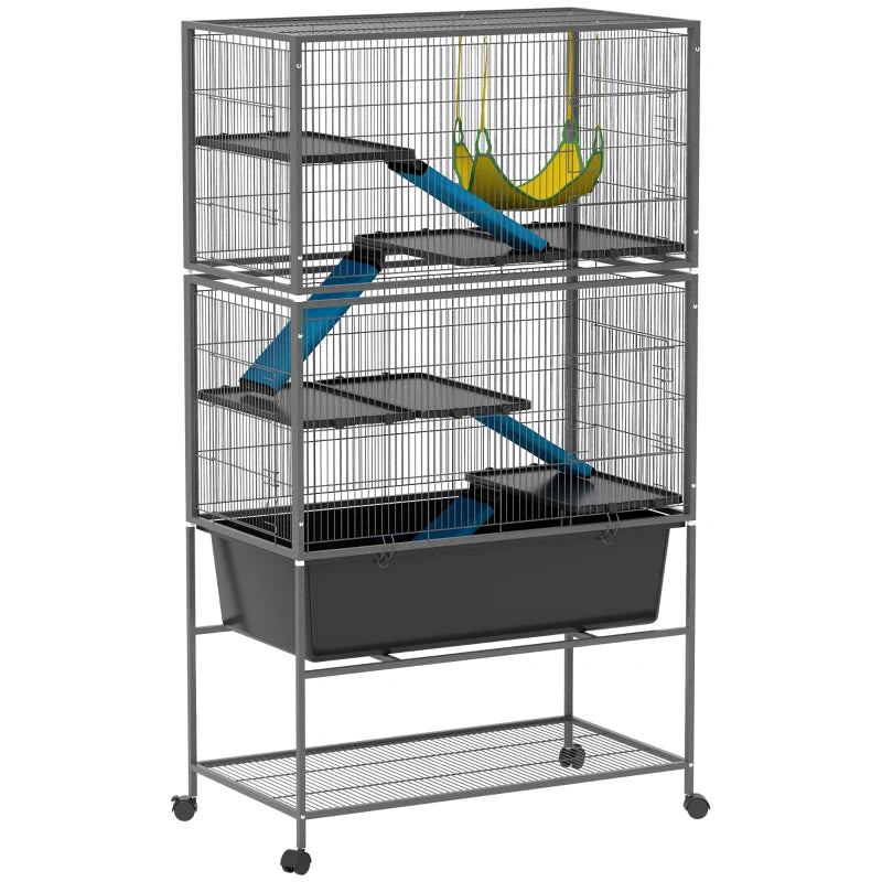 Rolling Small Pet Cage with Non-Slip Ramps & Deep Tray – Dark Grey