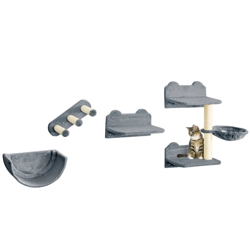 Wall Cat Shelves with Nest & Scratcher – 4 Pieces, Grey