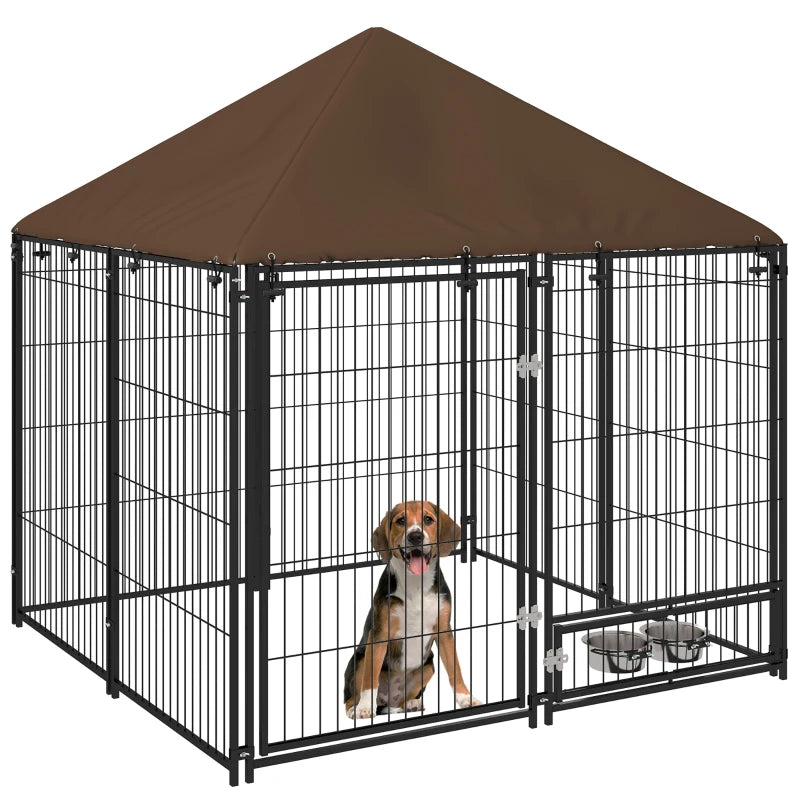 Dog Playpen Outdoor with Canopy & Rotating Bowl – 141x141x151cm