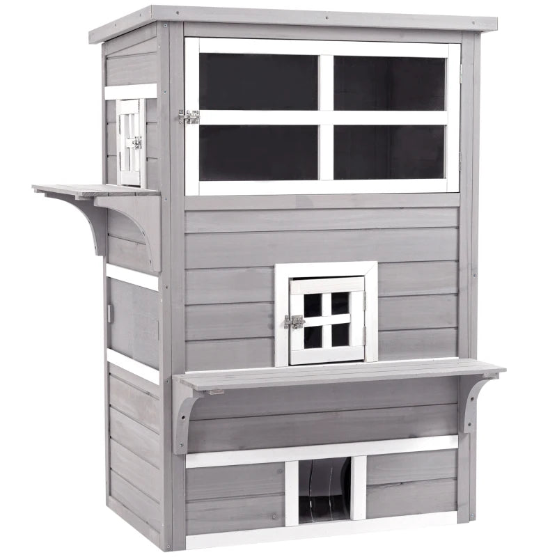 Grey Three-Tier Kitten Shelter with Doors & Asphalt Roof