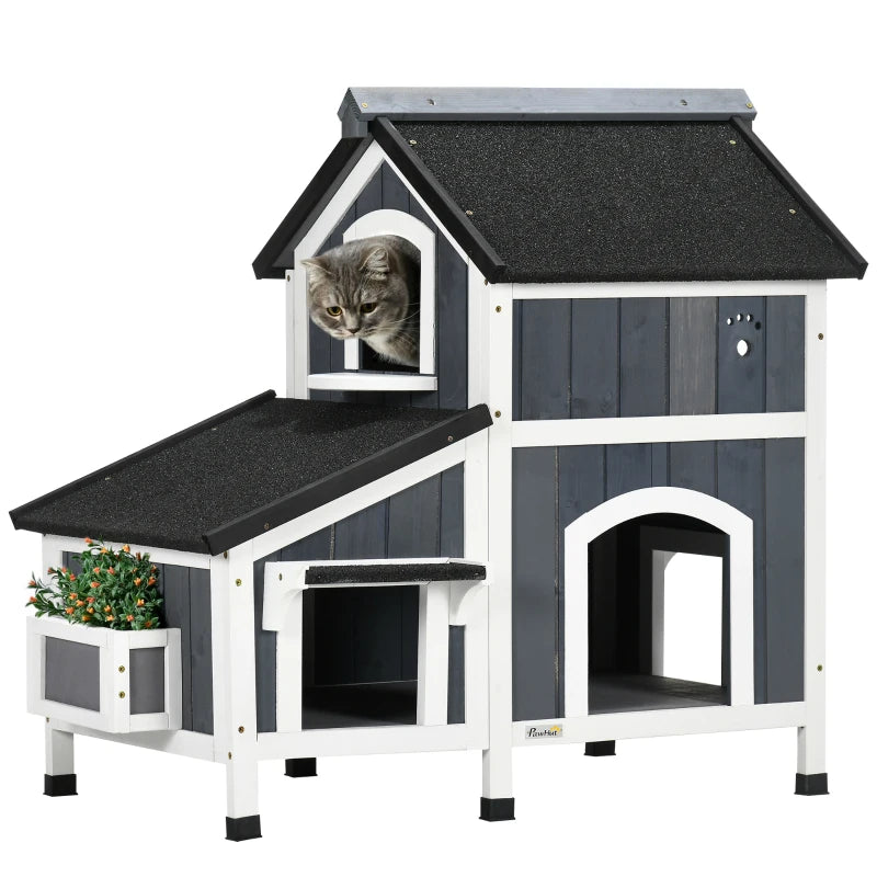 Wooden Cat House with Flower Pot, Windows & Waterproof Roof – Grey