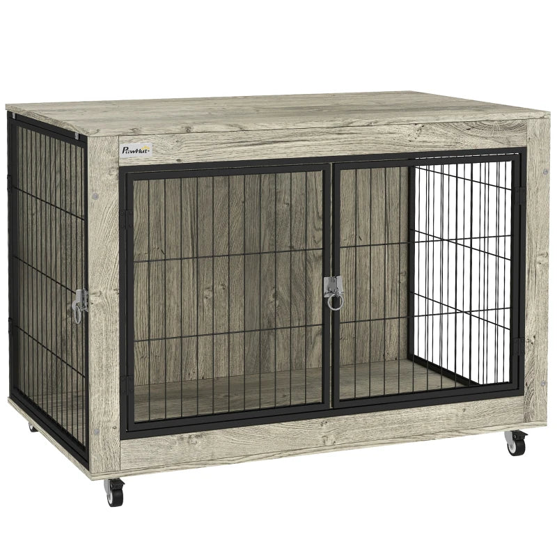 Dog Crate Furniture with Wheels & Double Doors – Large Size, Grey