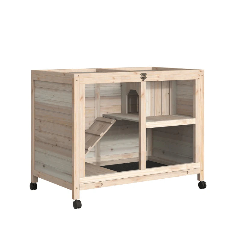 Natural Wooden Bunny Cage with Openable Roof & Wheels