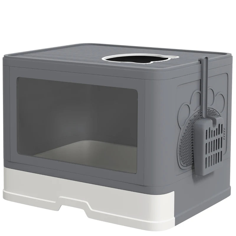 Front Entry Cat Litter Box with Top Exit & Drawer – Grey