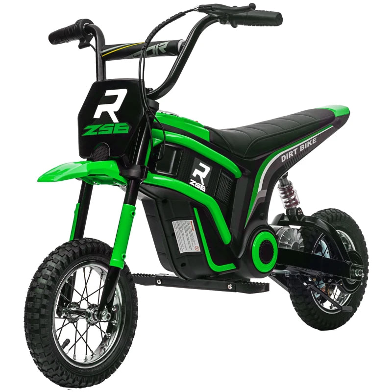 Electric Motorbike for Kids – 24V, Twist Grip Throttle, Music, Horn, 12" Tires, Green