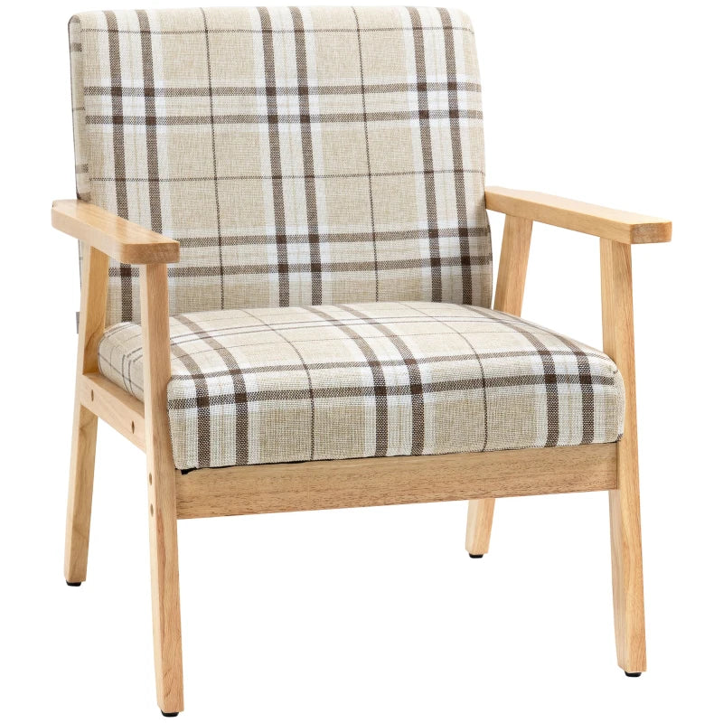 Upholstered Beige Armchair with Lattice Pattern & Wood Frame, Modern