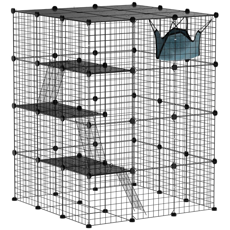 Black Steel Cat Cage with Doors, Hammock & Ramps