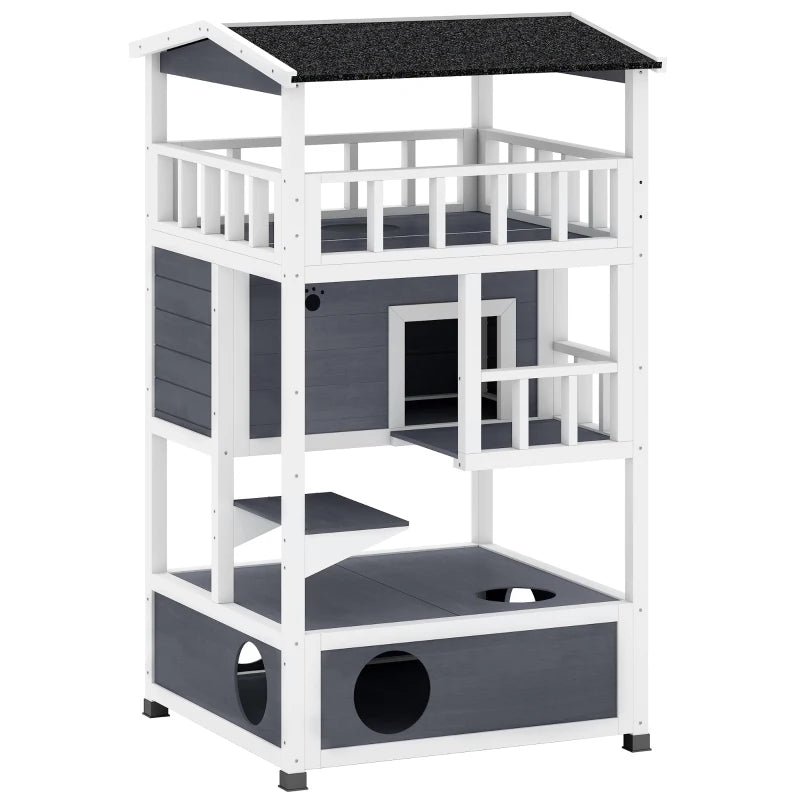 Grey Wooden Outdoor Cat House, 3-Tier Shelter with Tilted Roof