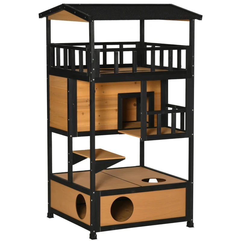 Wooden 3-Tier Cat House with Terrace, Tray & Waterproof Paint