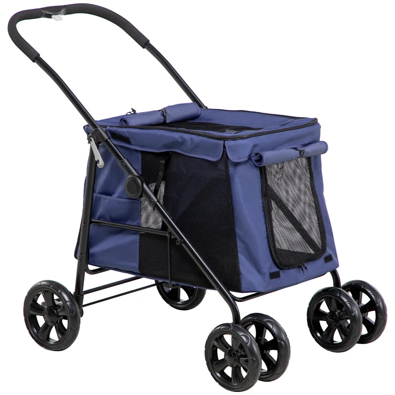 Dog Pram with Cushion & Safety Leash – Blue