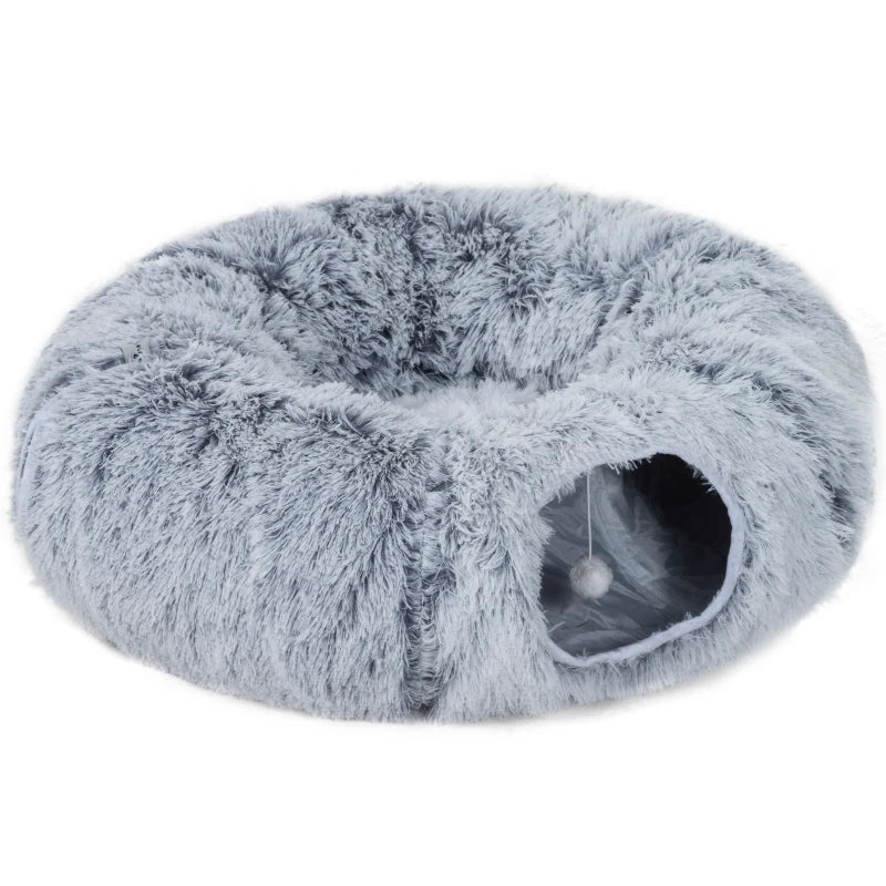 Cat Tunnel Bed with Washable Cushion & Play Ball – Grey