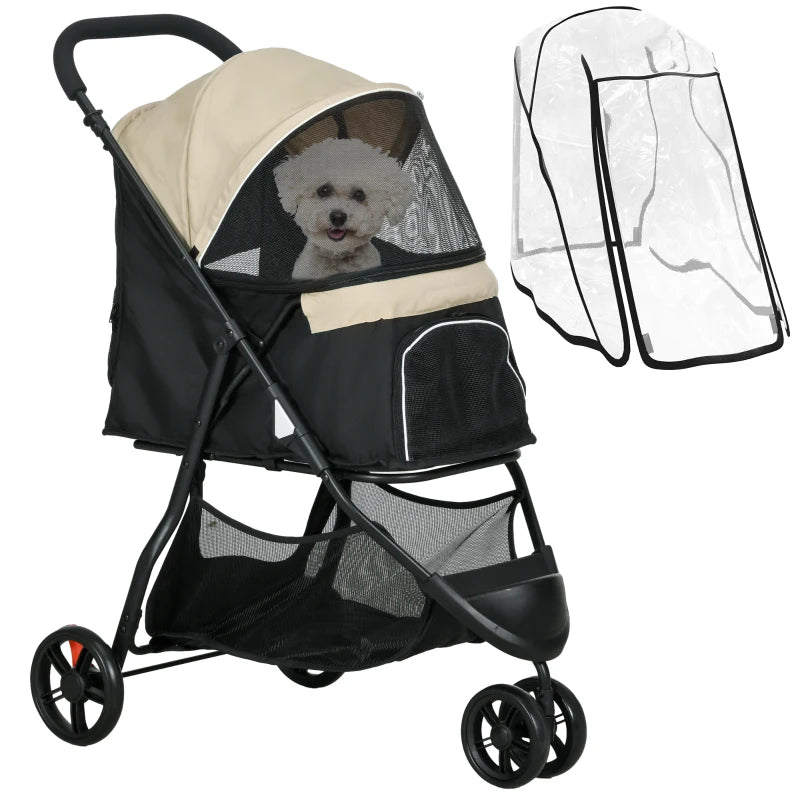 Foldable Pet Stroller with Rain Cover for XS & S Dogs – Khaki