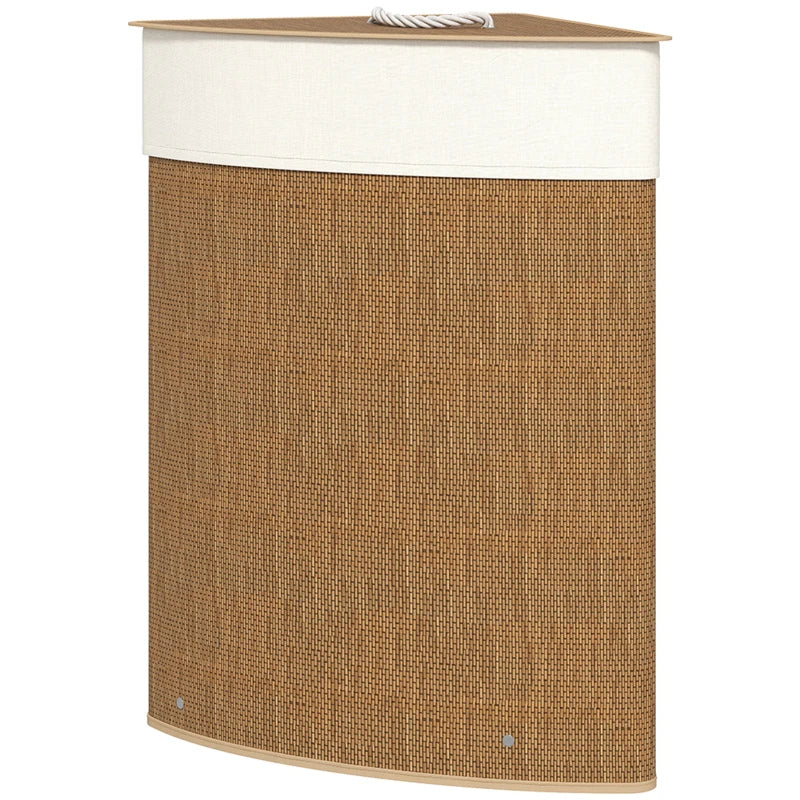 55L Bamboo Laundry Hamper, Triangle Corner Design with Lid, Brown