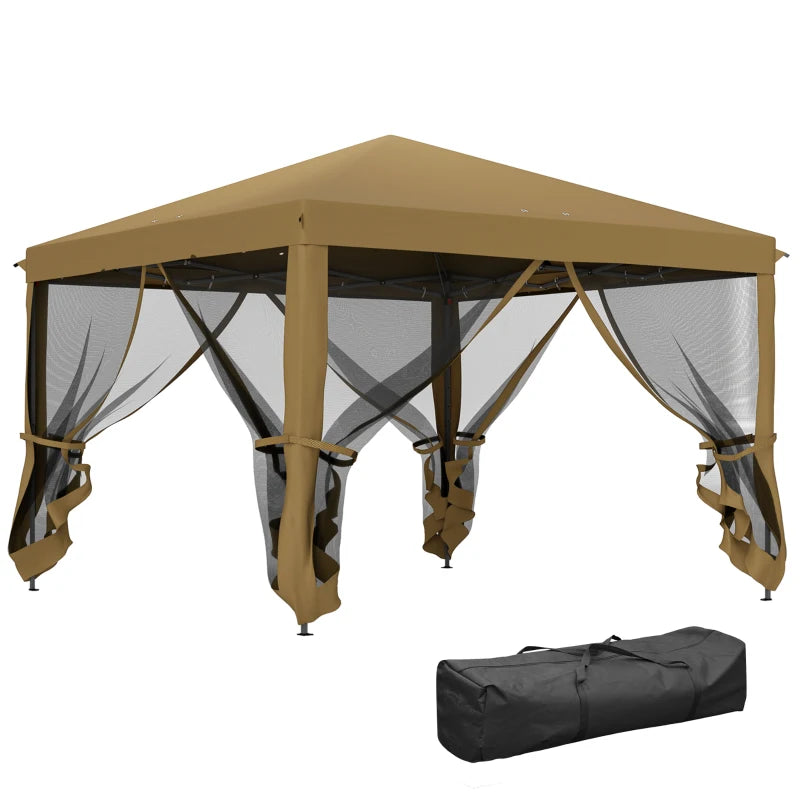 Khaki Garden Tent Canopy with Removable Mesh Sidewall and Carry Bag, 3 x 3m Pop Up Gazebo