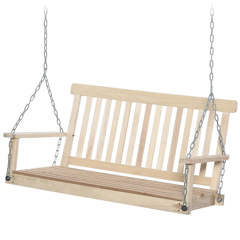 Outdoor Wooden Swing Bench 2-Seater Hanging Porch Chair for Garden, Natural Finish