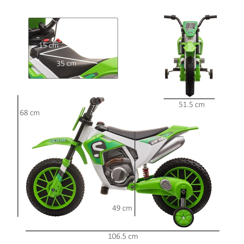 Green 12V Kids Electric Motorcycle Ride-On with Training Wheels, Ages 3 to 6