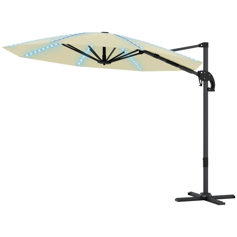 Solar Powered Garden Parasol with Crank Handle, Cross Base & 360° Rotation – 3m Cream