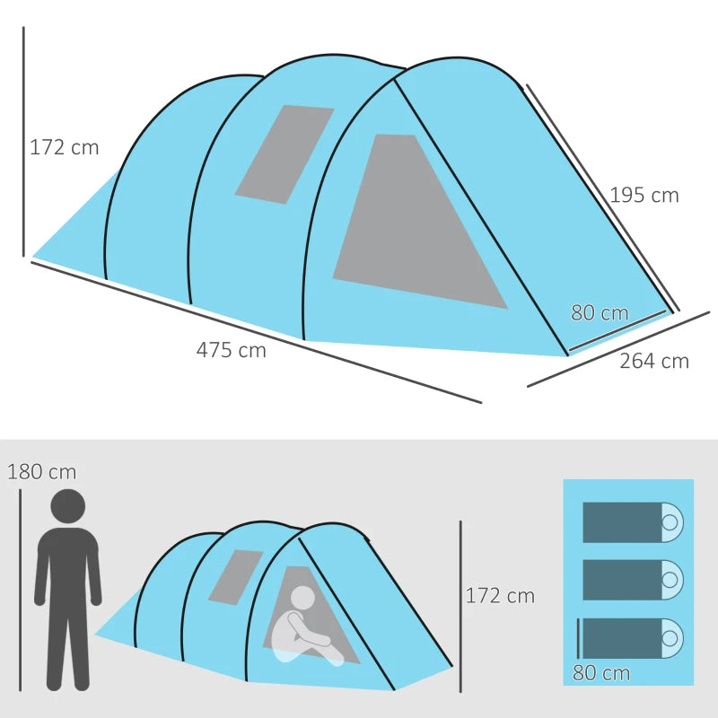 Blue 3-4 Man Tunnel Tent with Ventilated Windows & Carry Bag