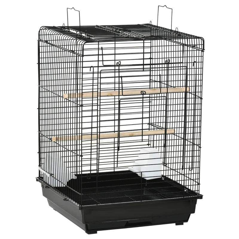 Steel Bird Cage with Stand, Tray, Handles & Bowls – Black